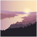 Silhouette of river, mountains, hills and forest on the sun and sky background. Concept adventure landscape. Summer travel. Spring Royalty Free Stock Photo